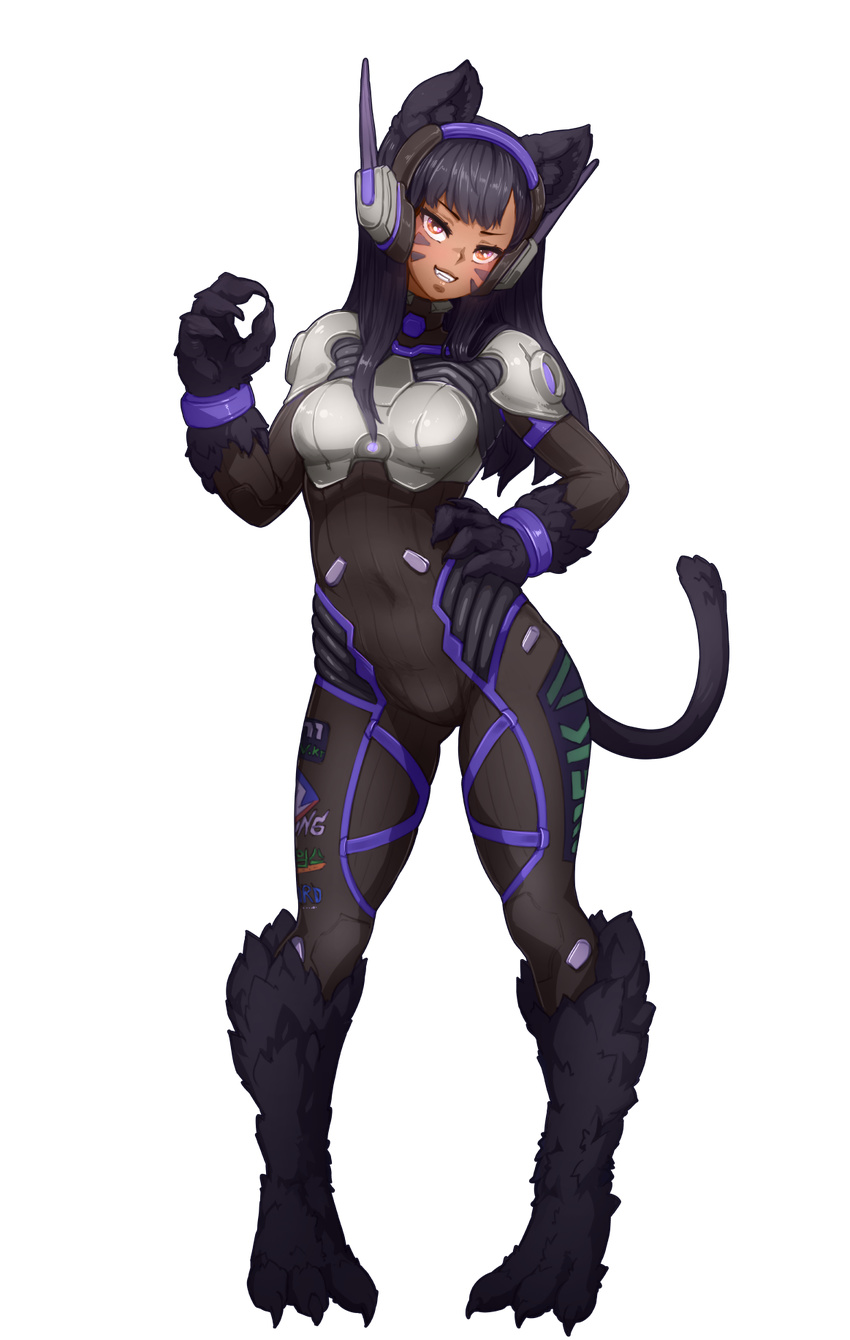 &gt;:) 1girl alternate_hair_color alternate_skin_color animal_ears barbariank black_fur black_hair bodysuit breastplate cat_ears cat_tail claws commentary covered_navel d.va_(overwatch) dark_skin facial_mark fangs full_body grin hand_on_hip head_tilt headphones heroes_of_the_storm highres long_hair looking_at_viewer monster_girl monsterification multicolored multicolored_clothes orange_eyes overwatch paws pigeon-toed pilot_suit purple_eyes ribbed_bodysuit shoulder_pads smile solo standing tail teeth transparent_background whisker_markings