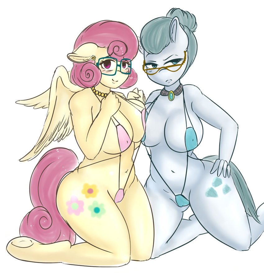 anthro bikini blue_eyes blush breasts clothing cloudy_quartz_(mlp) duo equine eyewear female fluttershy's_mother friendship_is_magic glasses hair jewelry mammal mature_female my_little_pony navel necklace pegasus pink_eyes pink_hair slightly_chubby sling_bikini swimsuit thick_thighs wickedsilly wide_hips wings