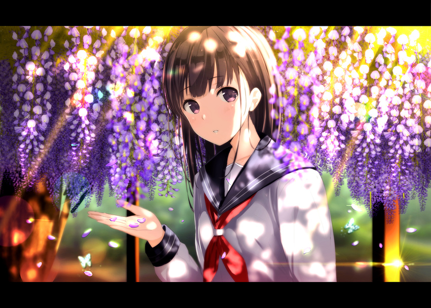 black_hair brown_eyes collarbone day flower long_hair looking_at_viewer morerin neckerchief original outdoors parted_lips petals purple_flower red_neckwear school_uniform serafuku shirt solo standing sunlight upper_body white_shirt