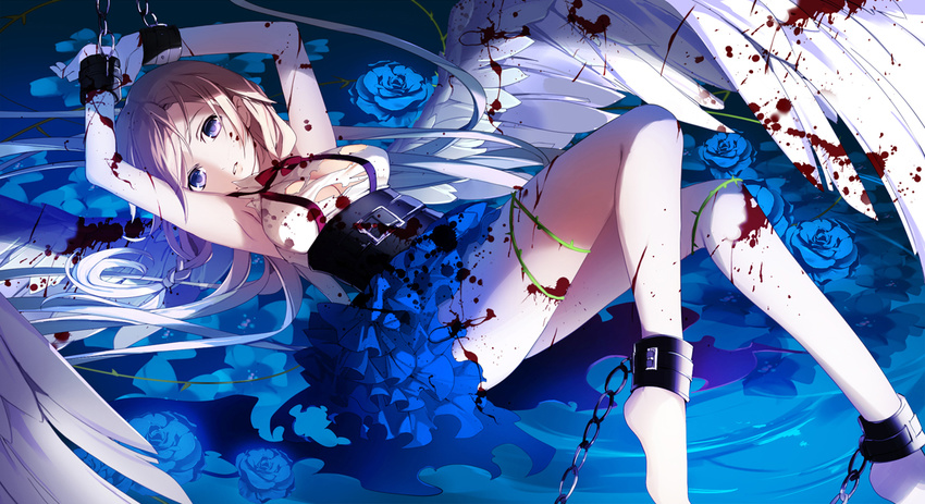 armpits arms_up bare_shoulders blood blood_on_face bloody_clothes bloody_wings blue_eyes blue_flower blue_skirt breasts chain cleavage feathered_wings flower high-waist_skirt ia_(vocaloid) layered_skirt long_hair lying medium_breasts neck_ribbon on_back parted_lips red_ribbon restrained ribbon shirt silver_hair skirt sleeveless sleeveless_shirt solo suspender_skirt suspenders torn_clothes torn_shirt vocaloid water white_shirt white_wings wings yuuki_kira