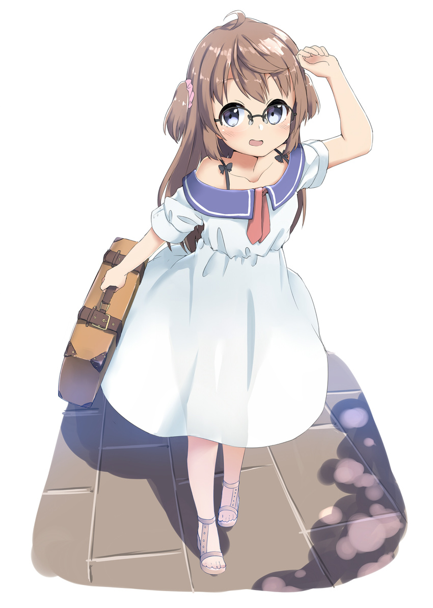 ahoge amemiya_sekira arm_up bangs bare_shoulders blue_eyes blush briefcase brown_hair collarbone commentary_request day dress full_body highres holding holding_briefcase long_hair looking_at_viewer open_mouth original outdoors sailor_dress sandals sekira_ame short_sleeves simple_background smile solo standing suitcase tareme two_side_up white_background white_dress