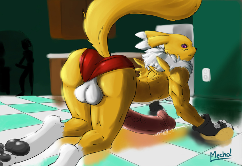 abs anthro balls biceps big_penis black_sclera blush canine clothing cum digimon erection fur hi_res jamie_lamont knot looking_at_viewer looking_back male mammal mechogama muscular paws penis renamon solo story story_in_description underwear white_fur yellow_fur