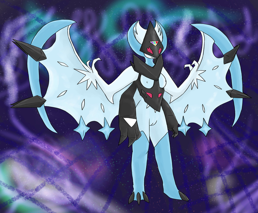 2017 3_toes absurd_res anthro anthrofied armor bat betlv bioluminescence blue_background blue_body blue_nipples breasts claws digital_media_(artwork) fangs female fusion glowing glowing_eyes hi_res hybrid legendary_pok&eacute;mon lunala mammal membranous_wings multi_arm multi_limb necrozma nintendo nipples pok&eacute;mon pok&eacute;morph pussy red_eyes simple_background solo space spikes star toe_claws toes ultra_lunala video_games winged_arms wings