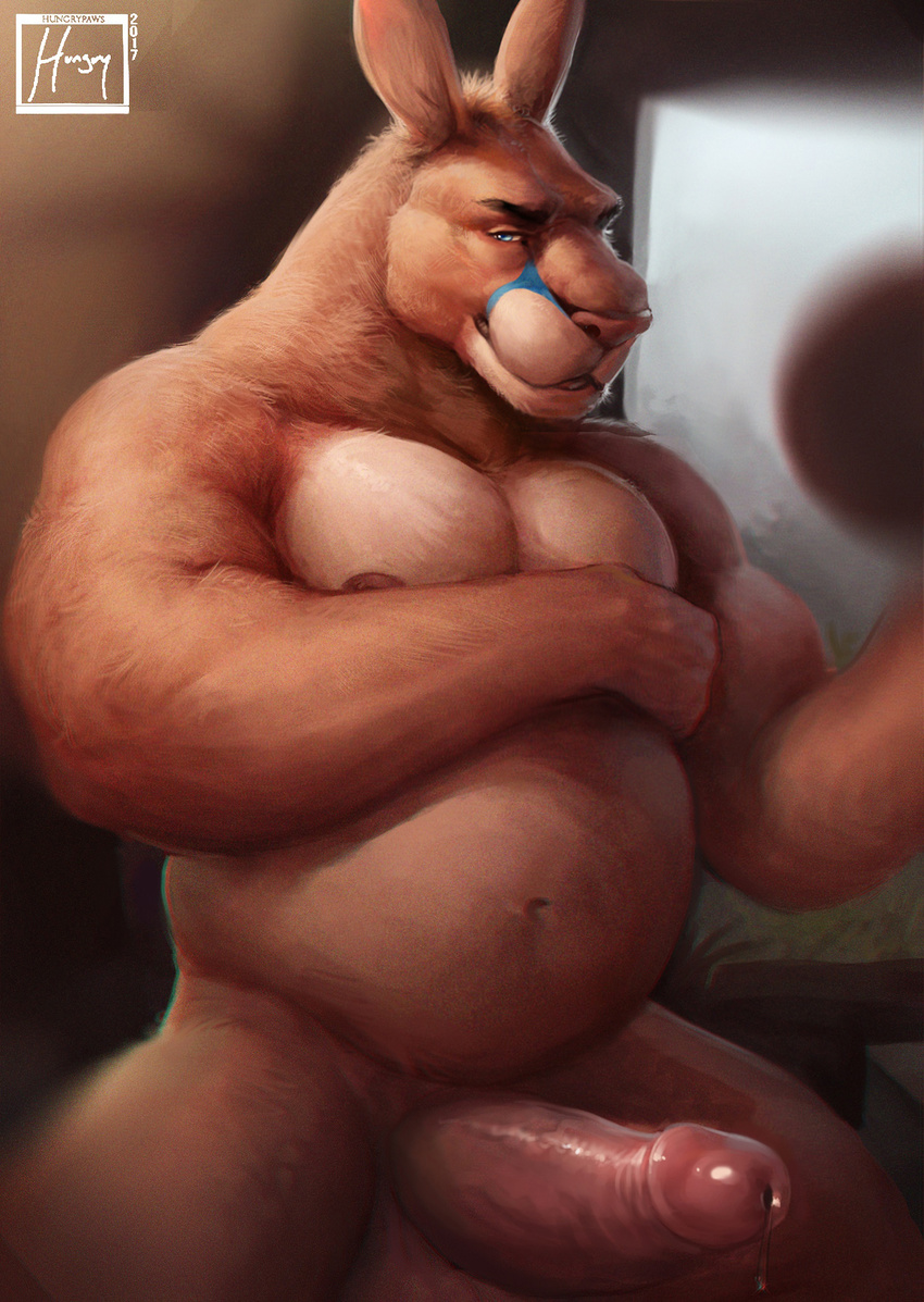 2017 anthro balls belly biceps big_penis blue_eyes erection front_view fur hand_on_chest hi_res huge_penis humanoid_penis hungrypaws kangaroo long_ears long_penis looking_at_viewer male mammal marsupial musclegut muscular muscular_male nipples nude overweight pecs penis pink_nose pink_penis pose precum signature simple_background smile solo spread_legs spreading standing tan_balls tan_fur tan_skin teeth thick_penis