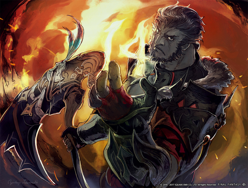 1boy armor artist_name axe beard black_hair copyright_name facial_hair feathers final_fantasy final_fantasy_xiv fire foreshortening fur_trim gauntlets green_skin holding holding_axe lips looking_at_viewer male_focus official_art pauldrons roegadyn signature solo warrior_(final_fantasy) watermark weapon