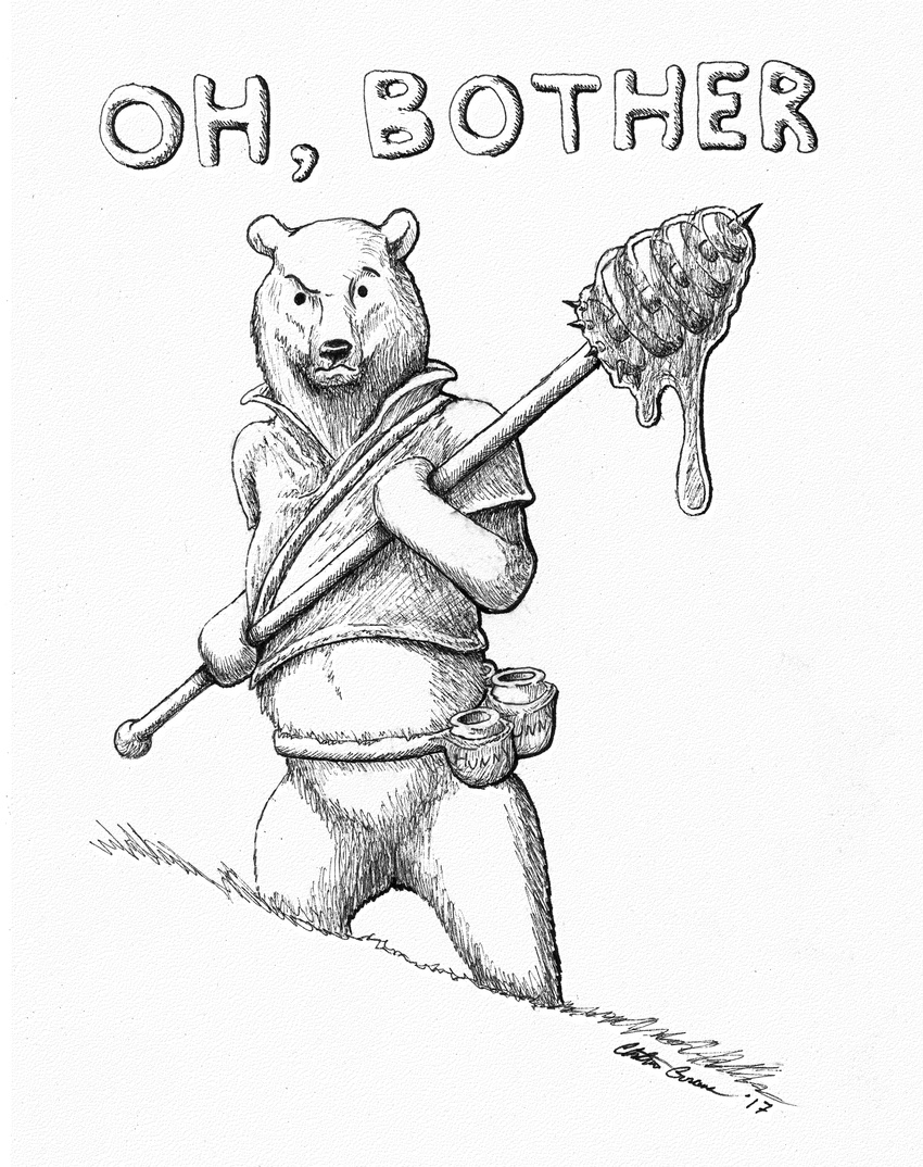 2017 anthro bear disney english_text holding_object holding_weapon i_was_just_chillin looking_at_viewer male mammal melee_weapon pencil_(artwork) pooh_bear solo step_pose text traditional_media_(artwork) weapon what winnie_the_pooh_(franchise)