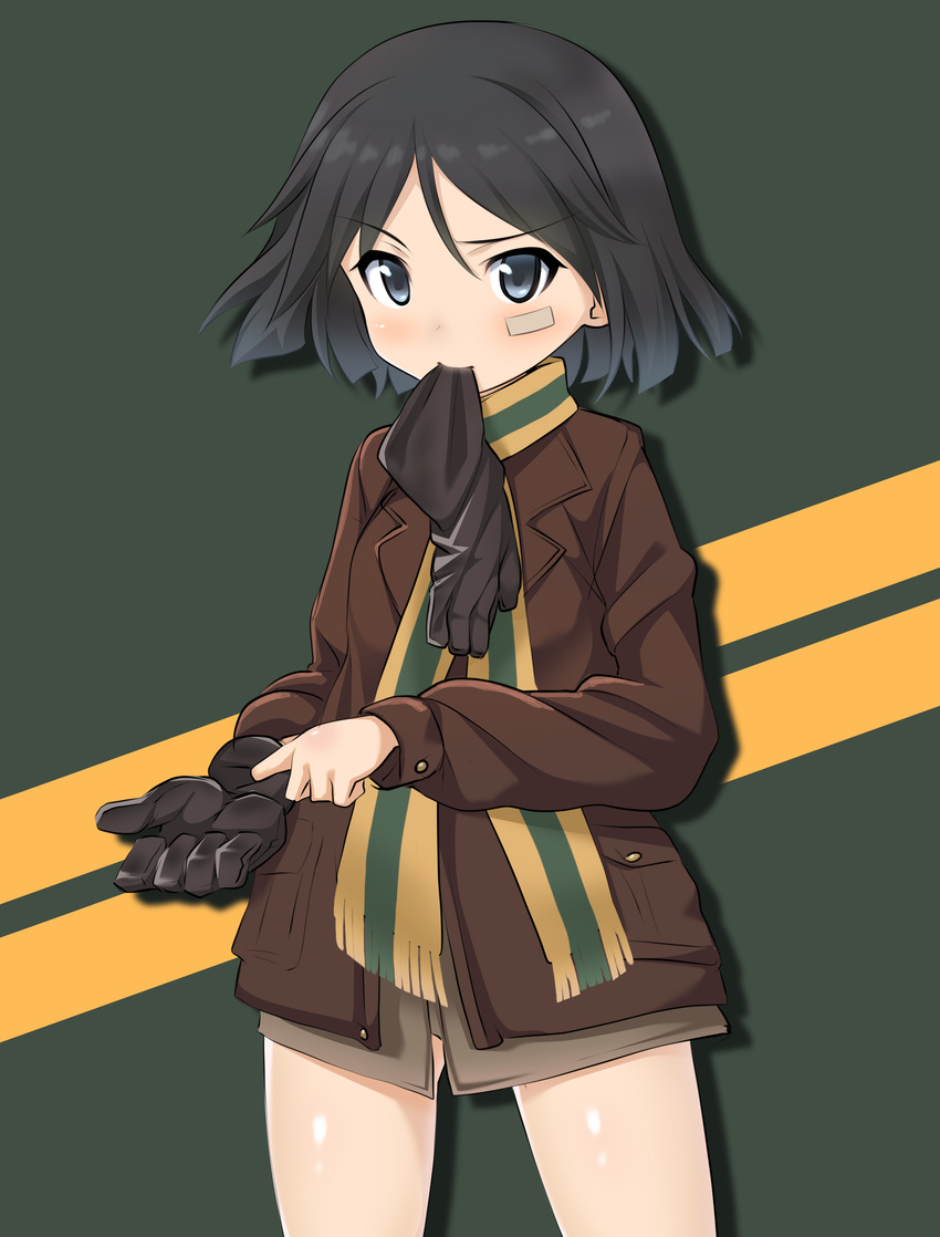 a9b_(louis814) absurdres bandage_on_face black_hair blue_eyes blush bomber_jacket brave_witches gloves highres jacket kanno_naoe looking_at_viewer mouth_hold putting_on_gloves scarf short_hair solo world_witches_series