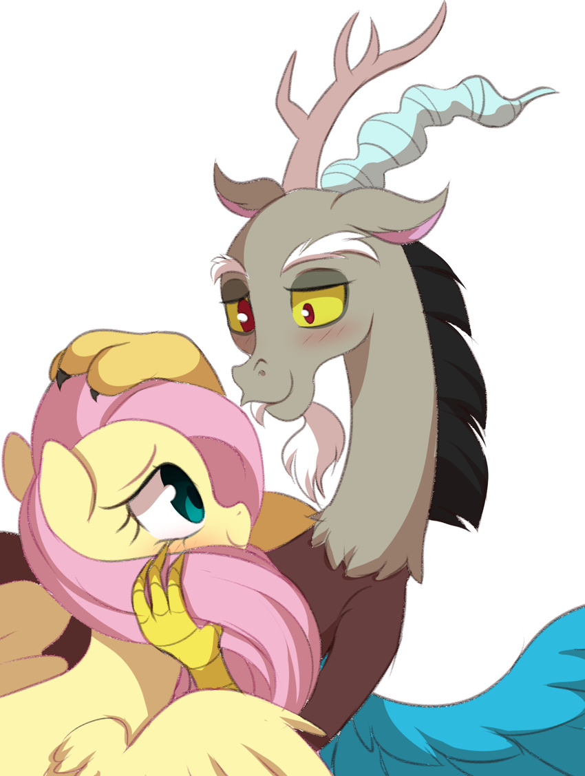 2017 antlers black_hair blue_feathers blush discord_(mlp) draconequus duo equine eye_contact eyelashes fangs feathered_wings feathers female feral fluttershy_(mlp) friendship_is_magic hair hand_on_head hi_res horn long_hair male mammal momomistress my_little_pony pegasus pink_hair red_eyes simple_background smile teal_eyes white_background wings yellow_feathers yellow_sclera
