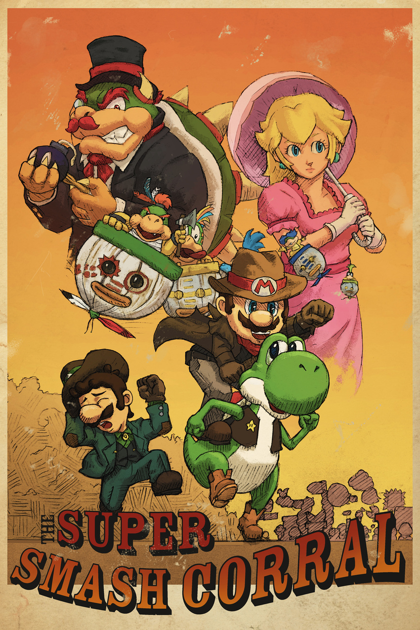 anthro blonde_hair blue_eyes bowser bowser_jr. britandbran brown_hair clothing dress ear_piercing english_text eyes_closed female footwear group hair hat hi_res horn human iggy_koopa jewelry koopa koopaling lemmy_koopa long_hair ludwig_von_koopa luigi male mammal mario mario_bros multicolored_hair nintendo open_mouth piercing princess_peach red_eyes red_hair scalie shell short_hair silhouette spikes suit teeth text umbrella video_games yoshi