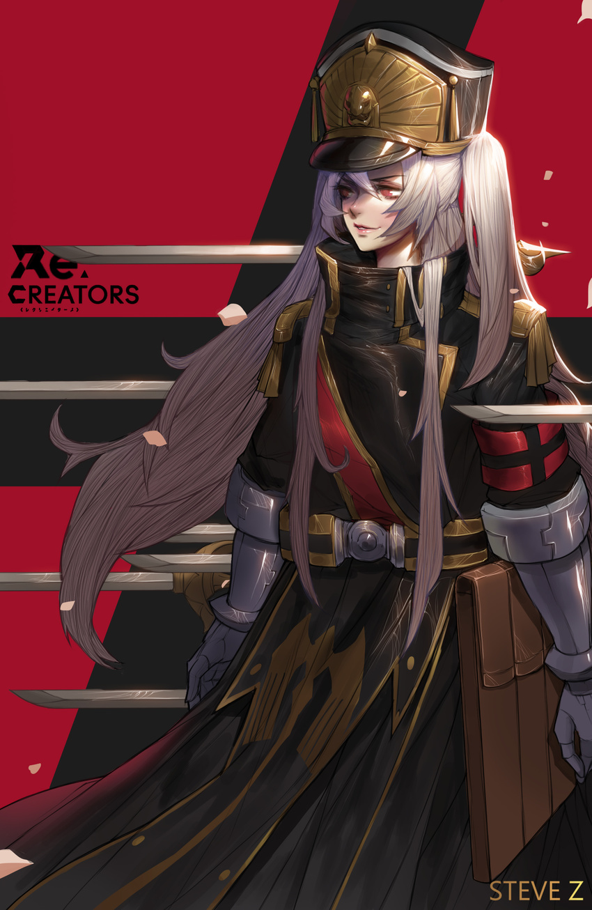 absurdres altair_(re:creators) armband arms_at_sides artist_name bangs belt black_hat blush buttons character_name cowboy_shot double-breasted epaulettes eyebrows_visible_through_hair faulds gauntlets grin hat high_collar highres lavender_hair lips long_hair looking_away military military_uniform nose parted_lips petals pink_lips pouch re:creators red_eyes saber_(weapon) shako_cap sidelocks silver_hair smile solo standing steve_zheng sword teeth twintails uniform very_long_hair weapon