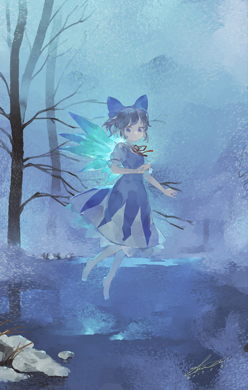 blue blue_dress blue_eyes blue_hair cirno dated dress expressionless hair_ribbon highres ice ice_wings ribbon shihou_(g-o-s) short_hair short_sleeves signature solo touhou wings