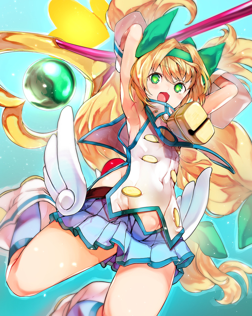 armpits arms_up bell blazblue blonde_hair blue_legwear boots gloves green_eyes hairband heart heart-shaped_pupils highres jumping kneehighs legs_up long_hair nishiide_kengorou open_mouth platinum_the_trinity quad_tails shirt skirt sleeveless sleeveless_shirt smile solo staff symbol-shaped_pupils very_long_hair weapon wings