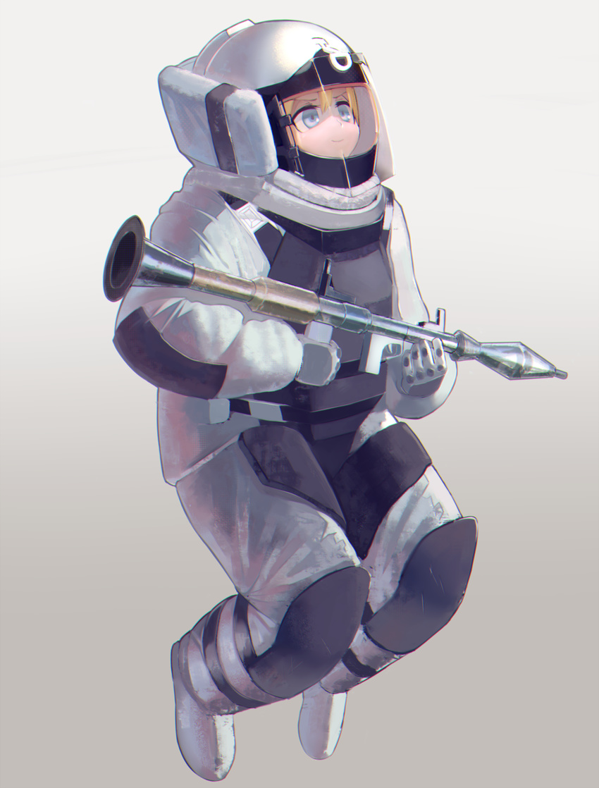 armor blonde_hair blue_eyes bomb_suit boots bulldozer_(payday) commentary_request gloves gradient gradient_background helmet highres holding holding_weapon long_sleeves partial_commentary payday_(series) payday_2 rocket_launcher rpg rpg-7 smile solo uni_ponsuka v-shaped_eyebrows weapon