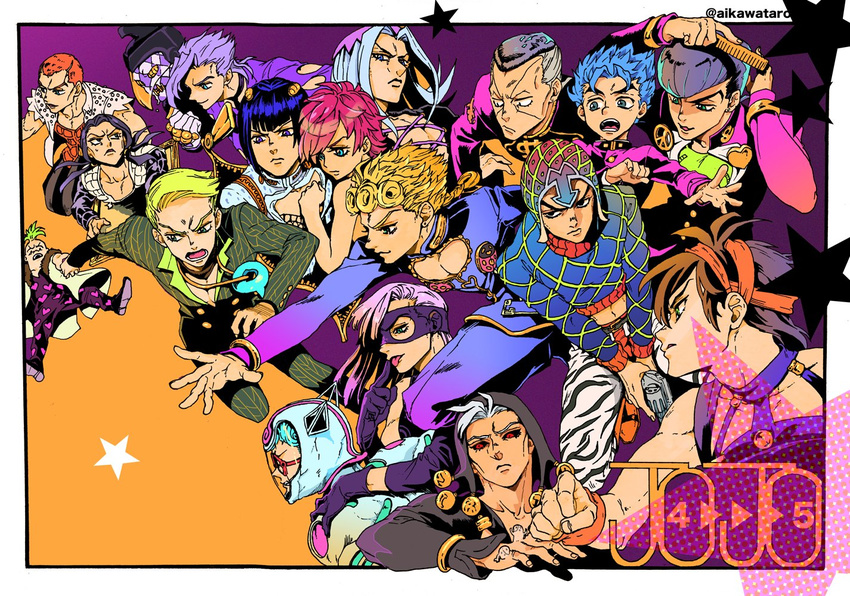 6+boys aikawa_taro aqua_eyes aqua_hair black_eyes black_hair black_sclera blonde_hair blue_hair bob_cut bodysuit brooch bruno_buccellati bug comb combing crop_top curly_hair diamond_wa_kudakenai dollar_sign earrings facial_mark formaggio gakuran ghiaccio giorno_giovanna glasses green_hair grey_hair guido_mista gun hair_ornament hairband hairclip handgun hat heart higashikata_jousuke hirose_kouichi holding_hand horns illuso insect jewelry jojo_no_kimyou_na_bouken ladybug leone_abbacchio long_hair mask melone metallica_(stand) midriff multicolored_hair multiple_boys narancia_ghirga navel necklace nijimura_okuyasu open_mouth orange_hair pannacotta_fugo peace_symbol pendant pesci pink_hair pompadour prosciutto purple_eyes purple_hair purple_haze_(stand) red_eyes revolver risotto_nero school_uniform short_hair silver_hair smile stand_(jojo) star stud_earrings trigger_discipline trish_una turtleneck twitter_username two-tone_hair vento_aureo weapon white_album_(stand) zipper