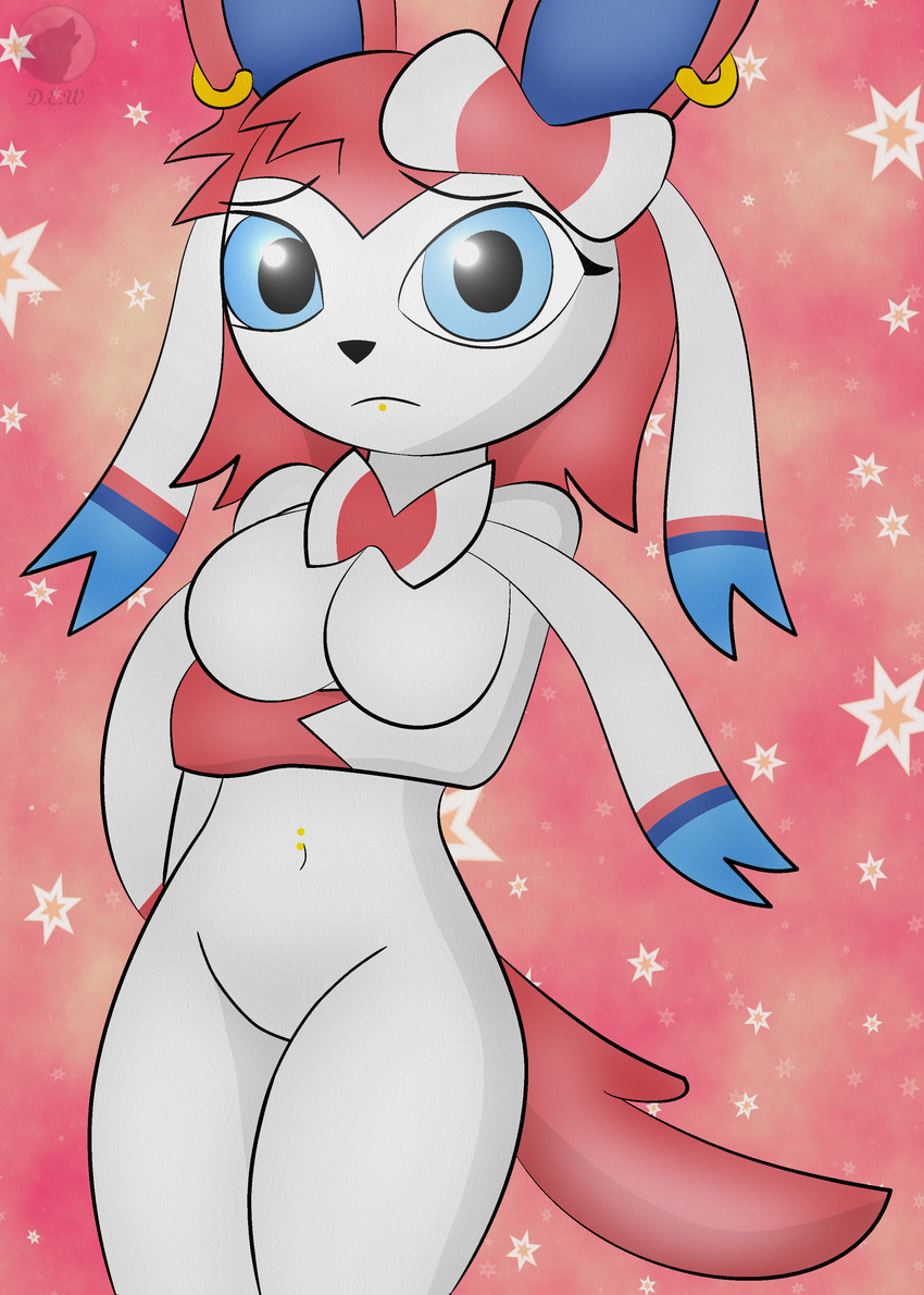 absurd_res anthro anthrofied big_breasts black_nose blue_eyes breasts cute dreameclipsewolf eeveelution fan_character featureless_breasts featureless_crotch female hi_res looking_at_viewer mammal navel nintendo nude piercing pok&eacute;mon sarah_(travis_larson) simple_background solo standing sylveon video_games