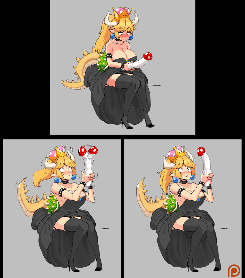bangs bare_shoulders black_collar black_dress black_footwear black_legwear blonde_hair blue_earrings blue_eyes blush bowsette bracelet breasts cleavage closed_mouth collar collarbone comic constricted_pupils crown dildo dress eyebrows_visible_through_hair garter_straps gem happening18 high_heels highres holding_dildo horns jewelry large_breasts mario_(series) new_super_mario_bros._u_deluxe nose_blush open_mouth pointy_ears ponytail sitting spiked_armlet spiked_bracelet spiked_collar spiked_shell spiked_tail spikes strapless strapless_dress super_crown sweatdrop tail thighhighs turtle_shell vibrator wavy_mouth