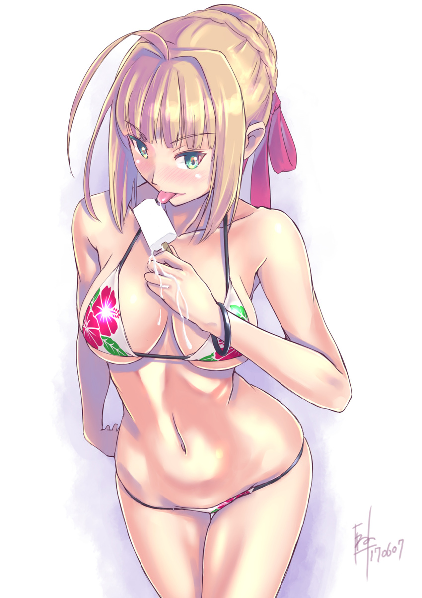 ahoge artist_name bare_shoulders bikini blonde_hair breasts breasts_apart collarbone commentary_request eyebrows_visible_through_hair fate/extra fate_(series) floral_print food green_eyes hair_ribbon highres large_breasts legs_together licking melting navel nenchi nero_claudius_(fate) nero_claudius_(fate)_(all) popsicle ribbon skindentation standing swimsuit thigh_gap tongue tongue_out underboob white_background