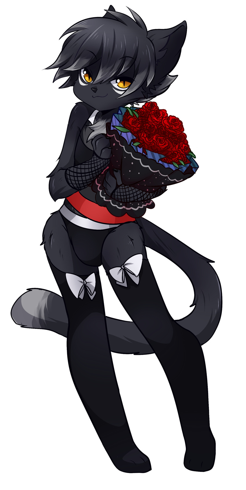 2017 3_toes 4_fingers anthro black_fur black_hair clothed clothing digital_media_(artwork) facial_markings feline flower fur girly grin hair legwear looking_at_viewer male mammal markings panther plant rook_(greyrook) simple_background smile solo toes