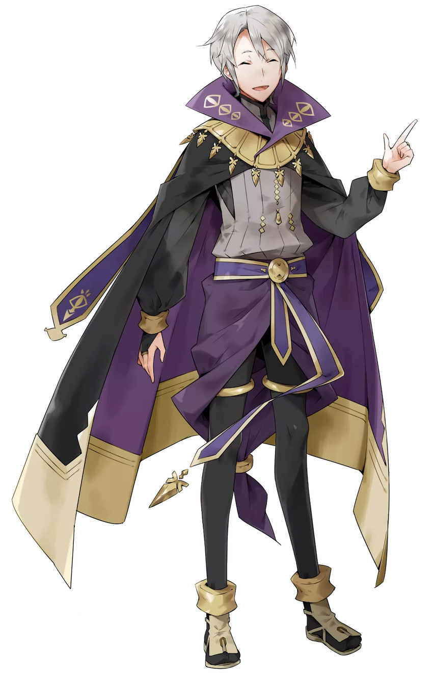 cape closed_eyes fire_emblem fire_emblem:_kakusei fire_emblem_heroes full_body henry_(fire_emblem) highres kyuusugi_toku looking_at_viewer male_focus official_art open_mouth smile solo transparent_background white_hair