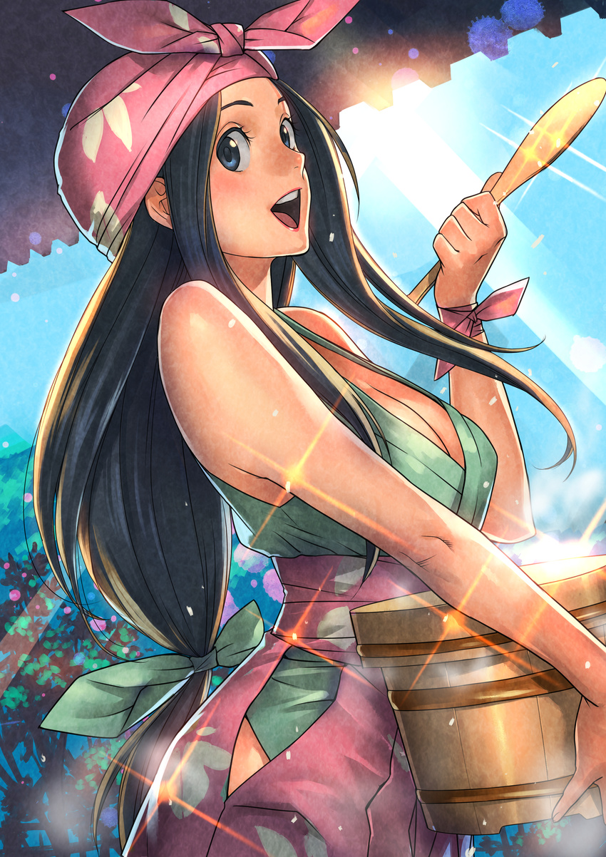 absurdres artist_request black_eyes black_hair breasts cleavage day green_ribbon green_shirt hakama highres holding japanese_clothes large_breasts lipstick long_hair looking_at_viewer low-tied_long_hair makeup open_mouth outdoors pink_hakama red_lips ribbon shirt solo standing toukiden very_long_hair