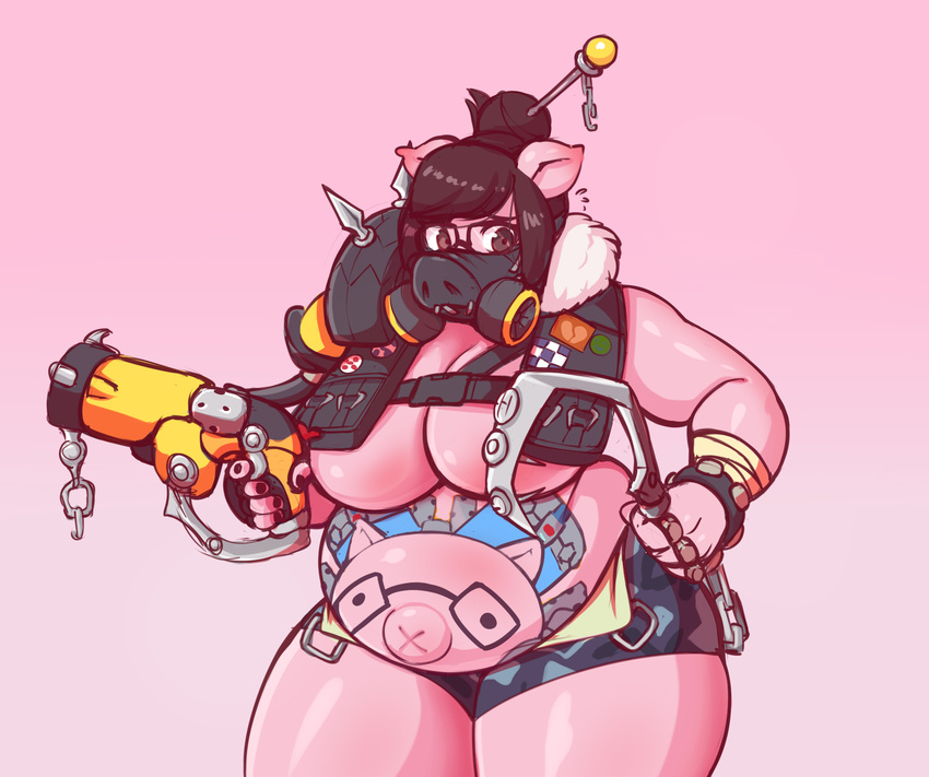 2017 alternate_species anthro big_breasts breasts brown_hair chain clothed clothing eyewear female furrification glasses gradient_background gun hair hairpin hi_res holding_object holding_weapon hook mammal mask meganemausu mei_(overwatch) overwatch overweight overweight_female pig porcine ranged_weapon roadhog_(overwatch) simple_background solo thick_thighs video_games weapon