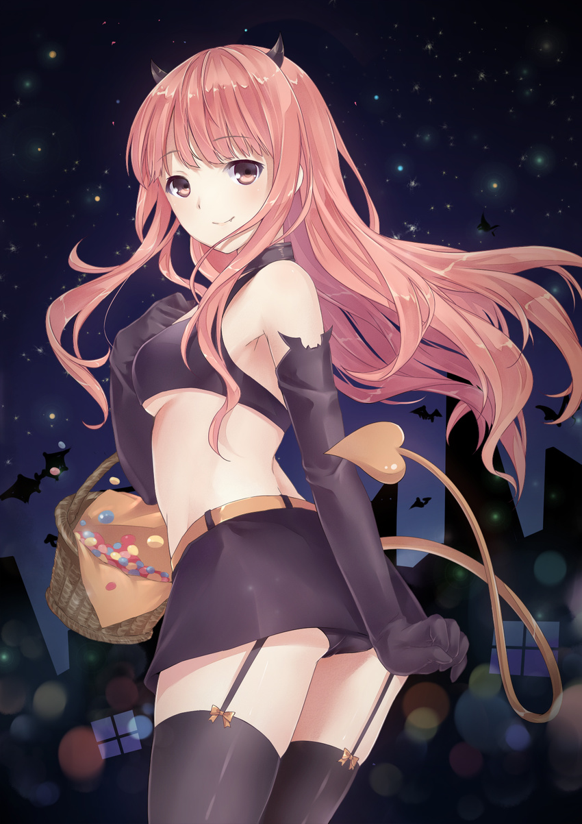 bad_id bad_pixiv_id bangs basket bat belt black_gloves black_panties black_skirt blurry blush bokeh breasts brown_eyes candy closed_mouth commentary crop_top demon_horns demon_tail depth_of_field elbow_gloves eyebrows_visible_through_hair food from_side garter_straps gloves halloween highres horns jelly_bean kamon_(shinshin) long_hair looking_at_viewer looking_back midriff nikki_no_aisare_coordination nikki_up2u panties pantyshot pantyshot_(standing) pink_hair skirt small_breasts smile solo standing tail thighs underboob underwear
