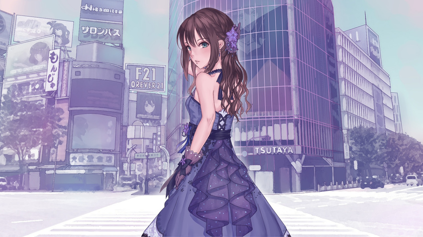 blue_dress brown_hair commentary_request crosswalk dress eternal_bloom_(idolmaster) flower gloves green_eyes hair_flower hair_ornament highres idolmaster idolmaster_cinderella_girls idolmaster_cinderella_girls_starlight_stage long_hair looking_back namesake place_namesake real_world_location roki_(0214278) shibuya_(tokyo) shibuya_rin solo tokyo_(city) too_literal