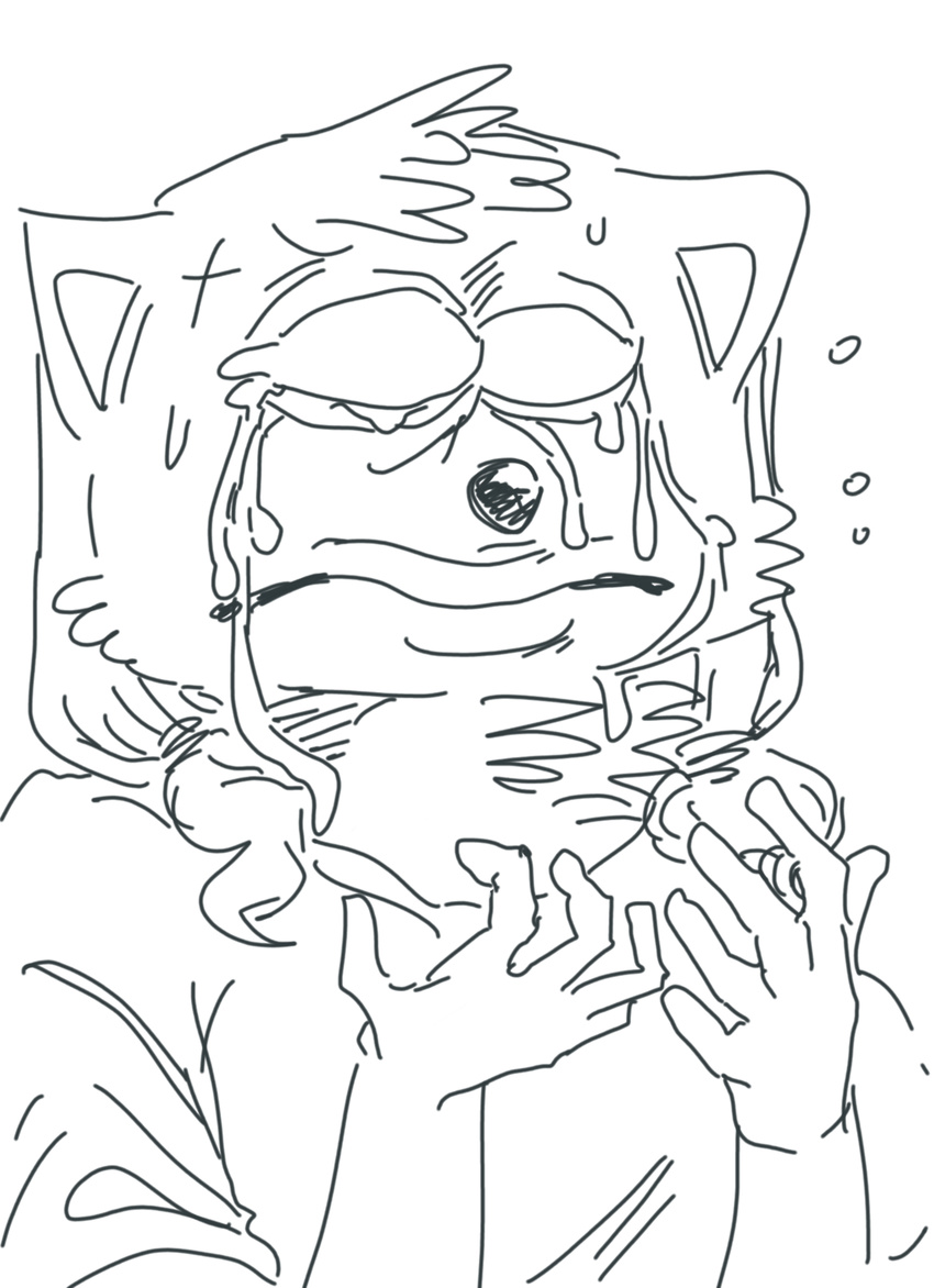 2017 5_fingers anthro big_breasts black_and_white black_nose breasts bust_portrait canine clothed clothing crying dog female flying_sweatdrops frown fully_clothed fur hair head_tuft hi_res humanoid_hands humor kemono line_art mammal meme monochrome no_pupils pepe_the_frog pigtails portrait raised_arm reaction_image ryonggay sad shirt short_hair silly_face simple_background solo style_parody sweat sweatdrop tears traditional_media_(artwork) white_background white_fur white_hair
