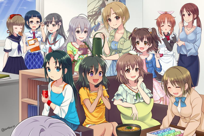 abe_nana aiba_yumi akagi_miria black_hair blonde_hair blue_eyes brown_eyes brown_hair chopsticks food holding holding_chopsticks hoshi_shouko idolmaster idolmaster_cinderella_girls kita_hinako kobayakawa_sae koshimizu_sachiko long_hair maid mifune_miyu mimura_kanako multiple_girls mushroom nanjou_hikaru natalia_(idolmaster) necktie nitta_minami noodles okazaki_yasuha open_mouth out_of_frame ponytail poster_(object) ramen school_uniform serafuku short_hair silver_hair smile tayu_(yuntayu) watering_can yorita_yoshino