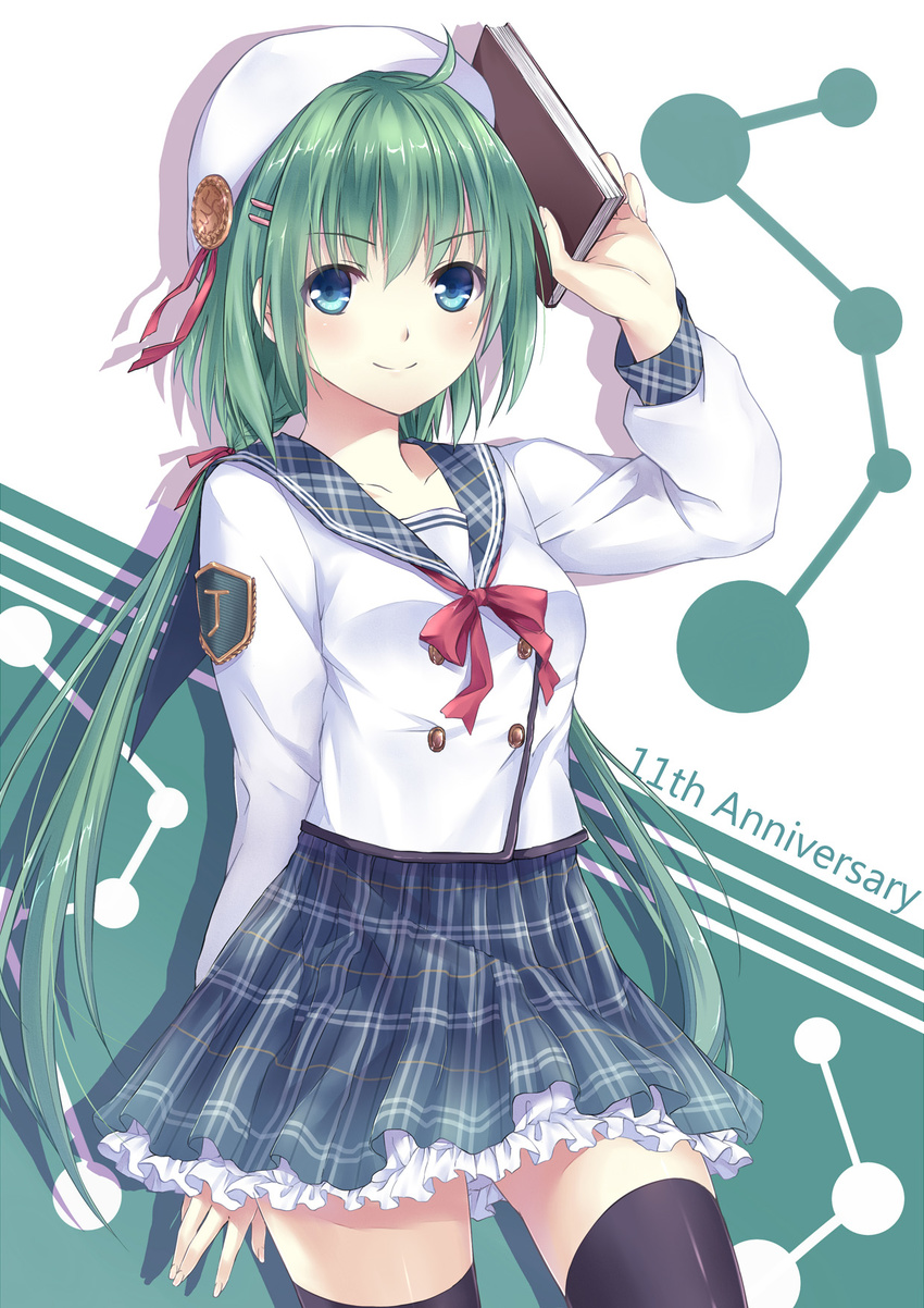 ahoge arm_up bad_id bad_pixiv_id bangs beret black_legwear blouse blue_eyes blush book closed_mouth commentary_request cowboy_shot eyebrows_visible_through_hair green_hair hat highres holding holding_book kamon_(shinshin) long_hair long_sleeves looking_at_viewer low_twintails mf_bunko petticoat plaid plaid_skirt school_uniform serafuku skirt smile solo thighhighs twintails white_blouse zettai_ryouiki