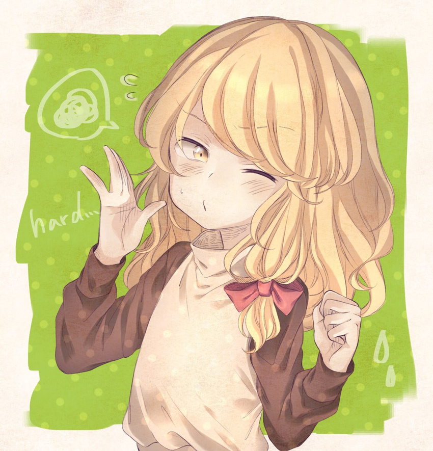 ;o awkward black_shirt blonde_hair blush border bow clenched_hand commentary english flying_sweatdrops green_background hair_bow hair_ribbon iiha_toobu kirisame_marisa layered_clothing long_hair long_sleeves looking_at_viewer one_eye_closed outside_border polka_dot polka_dot_background pose puckered_lips ribbon shirt simple_background solo speech_bubble spoken_squiggle squiggle sweat touhou tress_ribbon turtleneck v-shaped_eyebrows white_border yellow_eyes