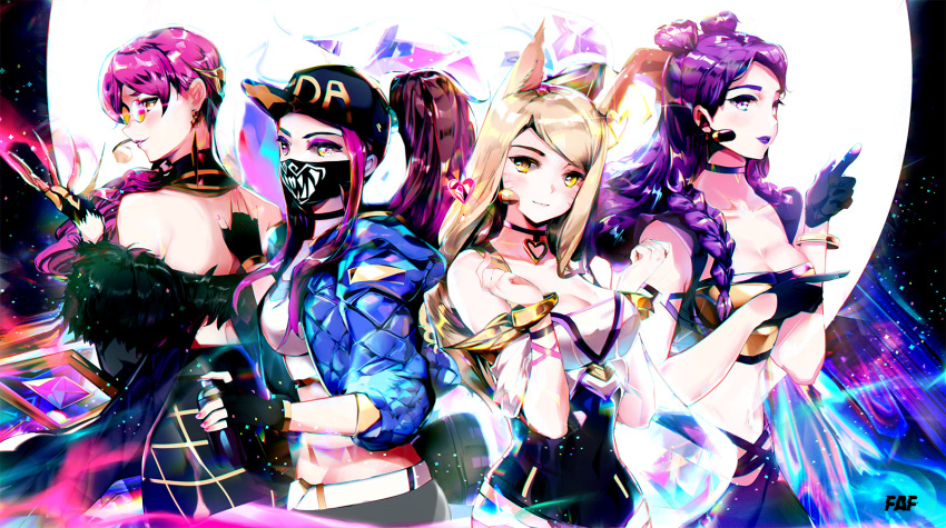4girls ahri akali animal_ears bare_shoulders baseball_cap black_gloves blonde_hair bracelet breasts choker claws cleavage cropped_jacket double_bun earrings evelynn face_mask feather_trim fingerless_gloves fox_ears glasses gloves hat heart heart_choker heart_earrings heco_(mama) highres idol jacket jewelry k/da_(league_of_legends) k/da_ahri k/da_akali k/da_evelynn k/da_kai'sa k/da_kai'sa kai'sa kai'sa large_breasts league_of_legends lipstick long_hair looking_at_viewer makeup mask medium_breasts microphone midriff multiple_girls open_clothes open_jacket pince-nez ponytail purple_eyes purple_hair purple_lipstick short_hair single_earring smile spray_can upper_body whisker_markings yellow_eyes