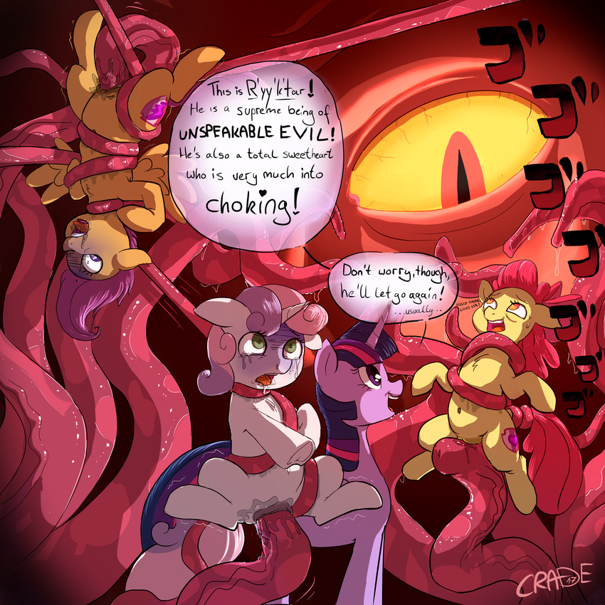 absurd_res apple_bloom_(mlp) cradeelcin cub cutie_mark cutie_mark_crusaders_(mlp) dialogue earth_pony english_text equine female feral friendship_is_magic group hair hi_res horn horse mammal multicolored_hair my_little_pony open_mouth pegasus penetration pony purple_hair red_hair restrained scootaloo_(mlp) spread_legs spreading strangling sweetie_belle_(mlp) tentacles text twilight_sparkle_(mlp) two_tone_hair unicorn upside_down vaginal vaginal_penetration wings young