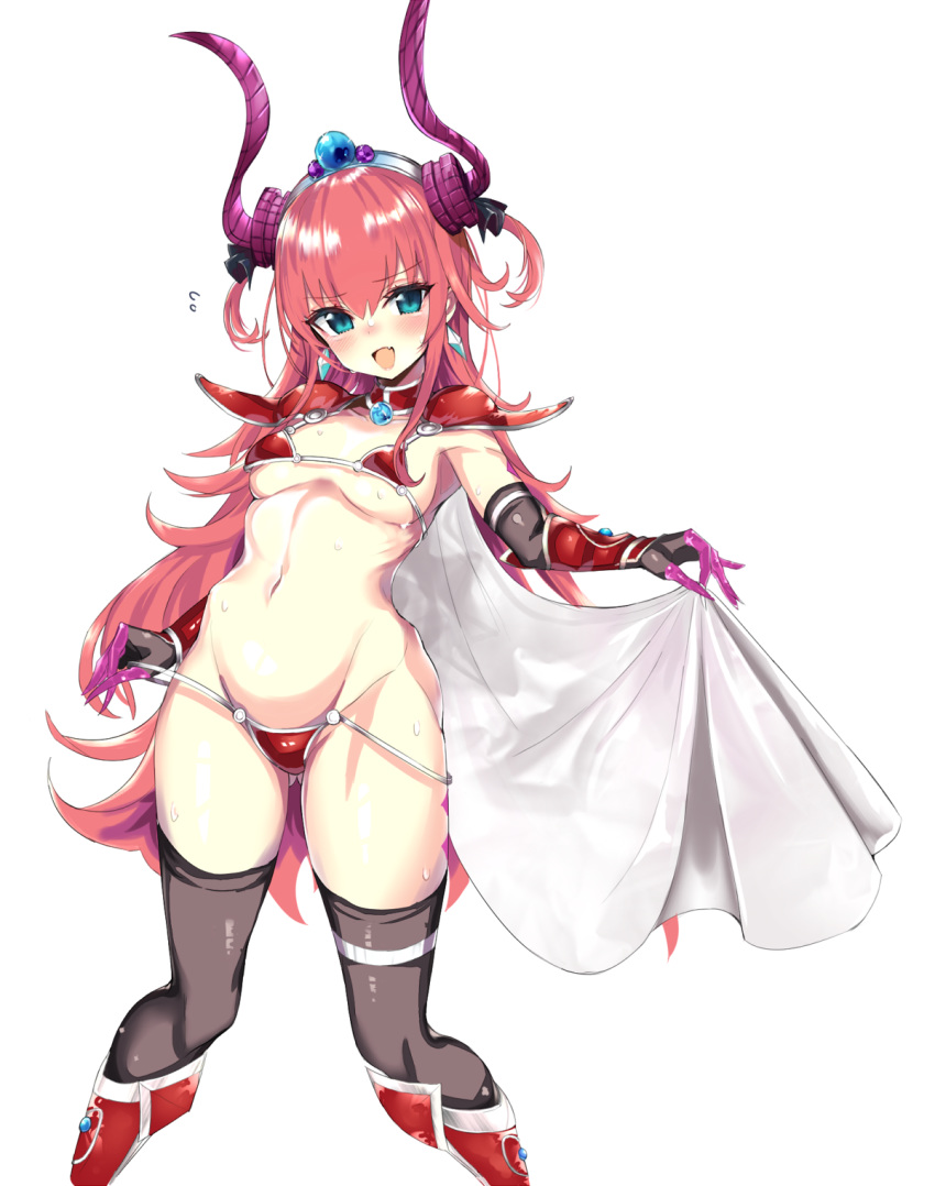 :d armor bikini_armor black_gloves black_legwear blue_eyes blush breasts cape earrings elbow_gloves elizabeth_bathory_(brave)_(fate) elizabeth_bathory_(fate)_(all) fafas68 fang fate/grand_order fate_(series) gauntlets gloves groin highres horns jewelry long_hair looking_at_viewer medium_breasts navel open_mouth pauldrons pink_hair simple_background smile solo standing sweat thighhighs tiara underboob white_background