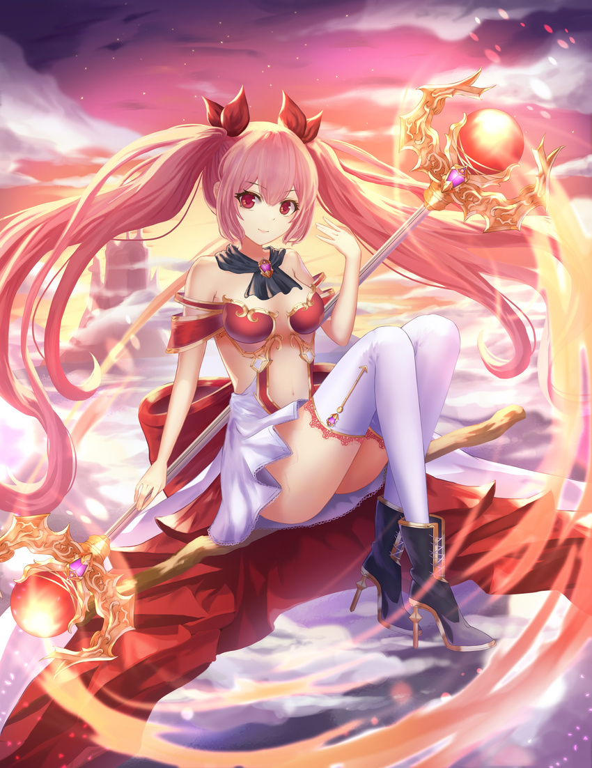 absurdres bangs bare_shoulders black_footwear breasts broom broom_riding cleavage cloud gem hand_up high_heels highres long_hair looking_at_viewer medium_breasts midriff nani_(goodrich) navel pink_hair red_eyes ribbon shoes sidesaddle sitting smile solo staff sunset thighhighs twintails white_legwear