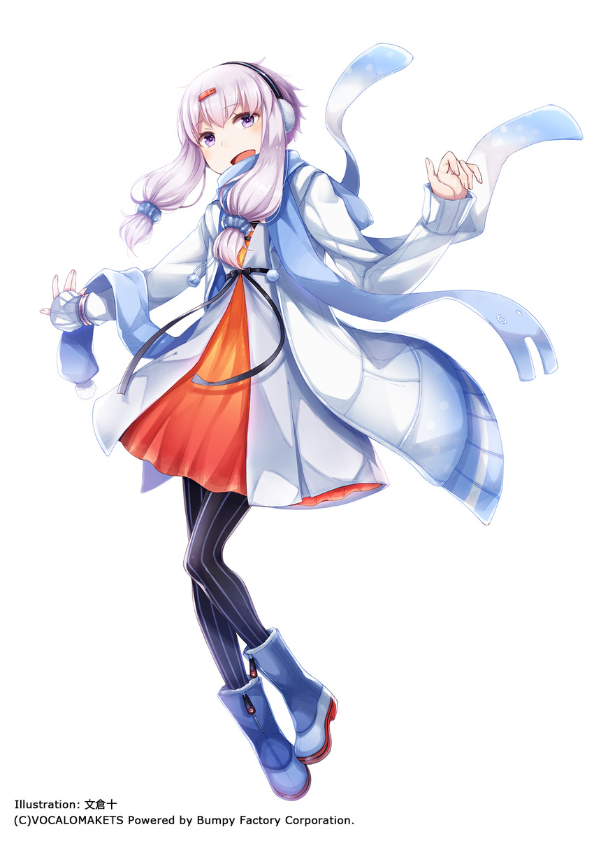 :d animal_hood artist_name ayakura_juu boots bunny_hood coat earmuffs eyebrows_visible_through_hair fingernails full_body hair_ornament hair_scrunchie hairclip head_tilt highres hood hood_down hooded_coat lavender_hair long_sleeves looking_at_viewer official_art okhotsk_yukari open_mouth outstretched_arms pantyhose pom_pom_(clothes) purple_eyes scarf scrunchie short_hair_with_long_locks sidelocks simple_background smile solo striped striped_legwear vertical-striped_legwear vertical_stripes vocaloid voiceroid watermark white_background winter_clothes winter_coat yuzuki_yukari zipper