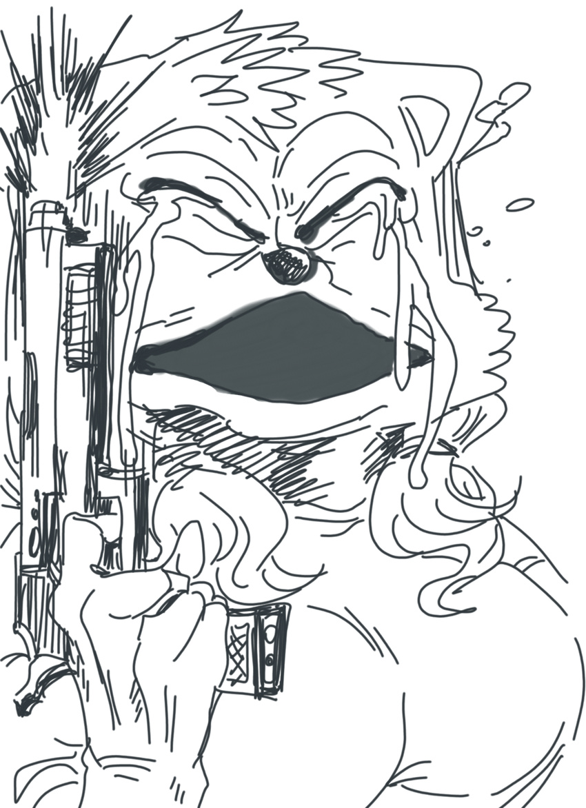 2017 5_fingers anthro big_breasts black_and_white black_nose breasts bust_portrait canine clothed clothing crying d: dog eyes_closed female flying_sweatdrops frown fully_clothed fur gun hair handgun head_tuft hi_res holding_gun holding_object humanoid_hands humor kemono line_art mammal meme monochrome open_mouth pepe_the_frog pigtails portrait ranged_weapon reaction_image ryonggay sad shirt short_hair silly_face simple_background solo sorrow style_parody sweat sweatdrop tears traditional_media_(artwork) weapon white_background white_fur white_hair
