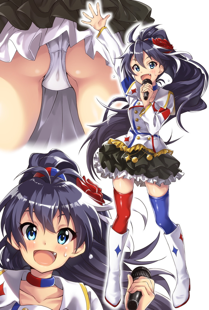 antenna_hair ass bad_id bad_pixiv_id black_hair earrings fang flower ganaha_hibiki hair_flower hair_ornament high_ponytail highres hoop_earrings idolmaster idolmaster_(classic) idolmaster_movie jewelry long_hair microphone multiple_views open_mouth panties ponytail satoutakahumi smile starpiece_memories underwear white_panties