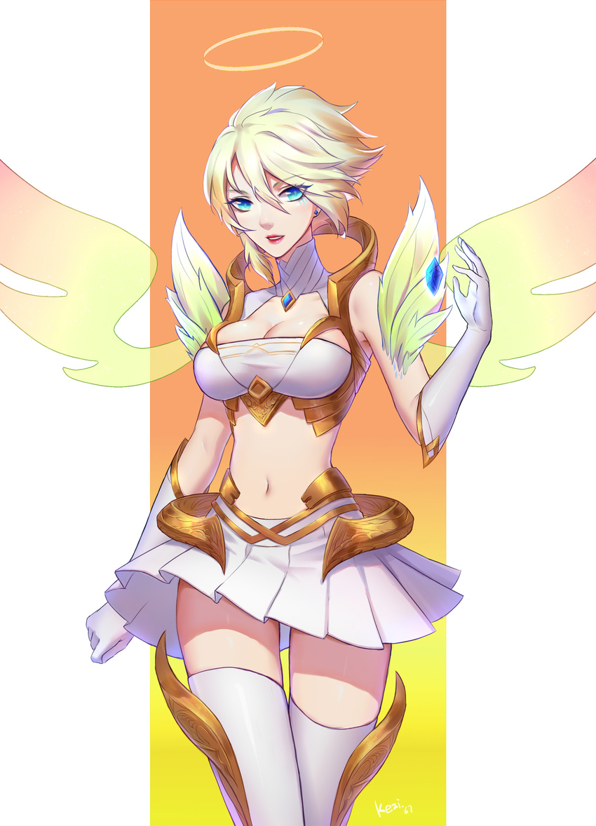 1girl angel_wings blue_eyes breasts cleavage dress halo highres kezi large_breasts league_of_legends midriff navel riven_(league_of_legends) solo white_hair