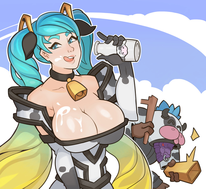 ^_^ alistar animal_costume animal_ears animal_print aqua_hair bare_shoulders bell blue_hair breasts cleavage closed_eyes commentary cow_bell cow_costume cow_ears cow_girl cow_horns cow_print gradient_hair highres horns large_breasts league_of_legends licking_lips long_hair milk multicolored_hair nose_piercing nose_ring piercing sona_buvelle splashbrush tongue tongue_out twintails very_long_hair
