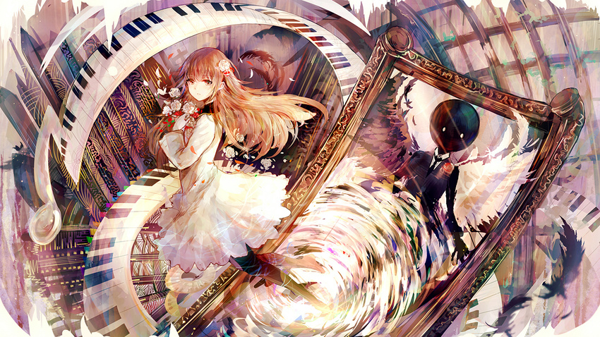 1girl bai_qi-qsr brown_hair commentary_request deemo deemo_(character) eyebrows_visible_through_hair flower girl_(deemo) hair_flower hair_ornament holding holding_flower long_hair looking_at_another looking_at_viewer piano_keys red_eyes reflection_(mirror_night)_(deemo)