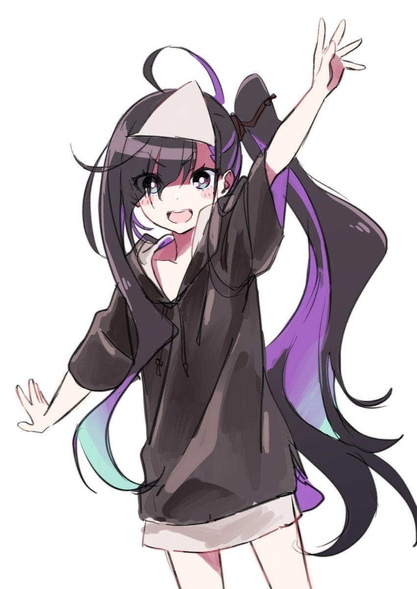 1girl :d ahoge bangs black_hair black_hoodie blunt_bangs blush bright_pupils commentary_request cowboy_shot eyebrows_visible_through_hair eyes_visible_through_hair hand_up highres hood hood_down hoodie long_hair looking_at_viewer naked_hoodie open_mouth original purple_eyes short_sleeves side_ponytail simple_background smile solo standing tama_(tama-s) triangular_headpiece white_background