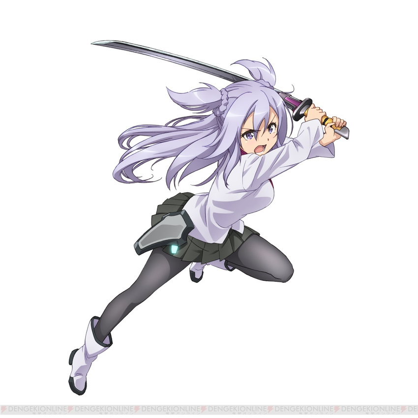 1girl bangs black_legwear black_skirt blush boots bow bowtie braid breasts eyebrows eyebrows_visible_through_hair full_body gakusen_toshi_asterisk gradient gradient_background gradient_hair highres holding holding_sword holding_weapon lavender_hair leaning_to_the_side long_hair long_sleeves looking_at_viewer medium_breasts one_leg_raised pantyhose petals purple_eyes school_uniform sheath silver_hair skirt solo standing standing_on_one_leg sword toudou_kirin two_side_up weapon wide_sleeves