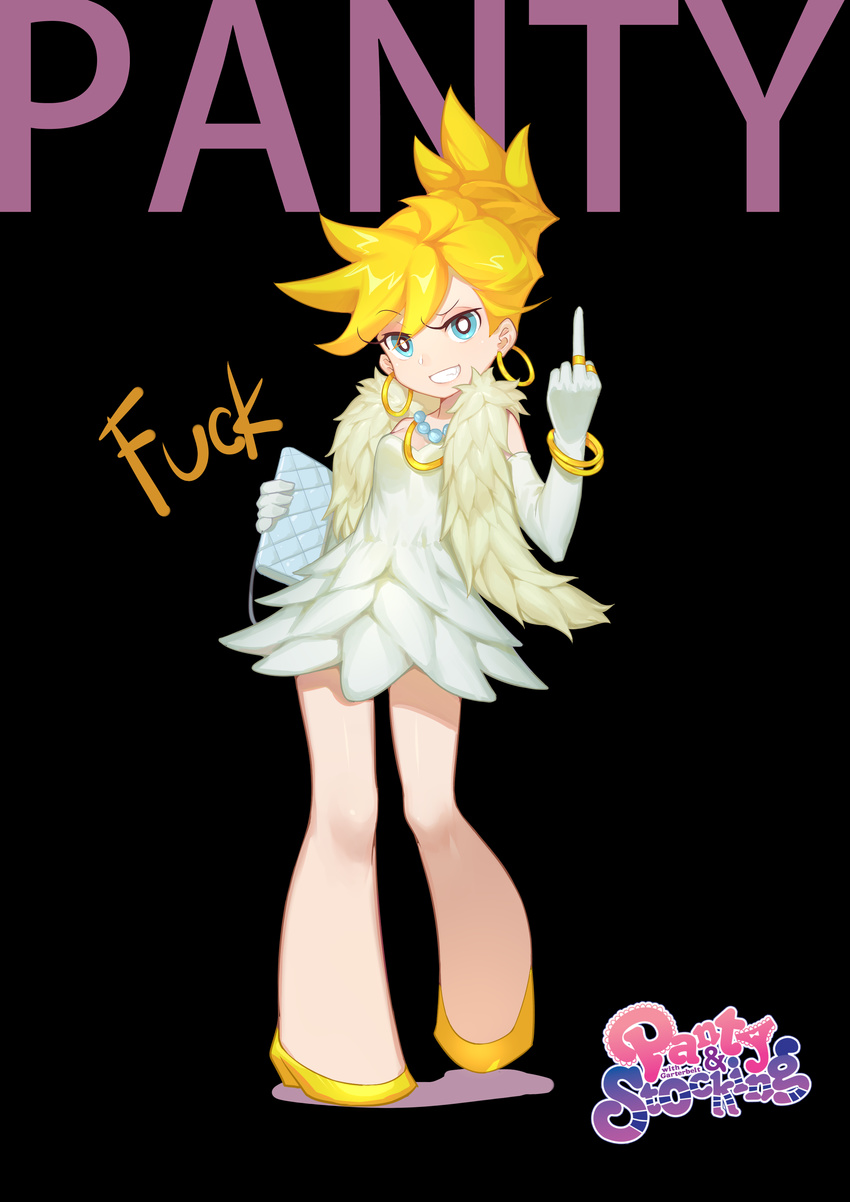 absurdres black_background character_name full_body highres middle_finger mosquito_coils panty_&amp;_stocking_with_garterbelt panty_(psg) profanity simple_background solo
