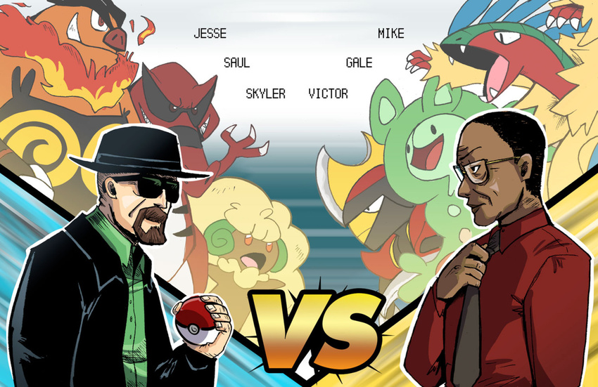 2boys breaking_bad character_name character_request dark_skin gustavo_fring hat multiple_boys poke_ball pokemon pokemon_(creature) text walter_white