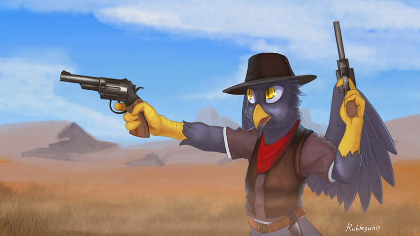 2017 4_fingers anthro avian beak bird clothed clothing day detailed_background gun hat holding_object holding_weapon male outside ranged_weapon rublegun solo weapon yellow_beak yellow_eyes