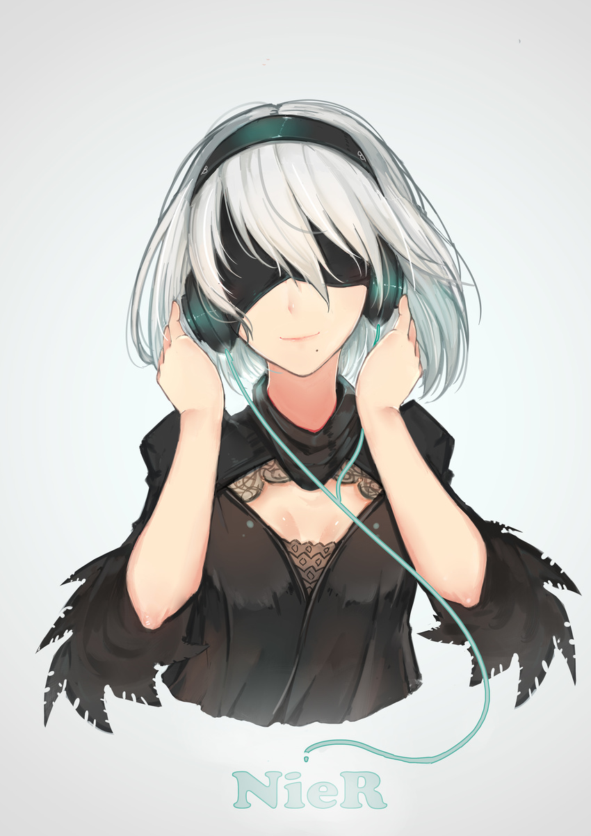 7t absurdres adapted_costume bangs black_shirt blindfold breasts cable cleavage_cutout closed_mouth copyright_name covered_eyes feather-trimmed_sleeves feather_trim hair_between_eyes hands_on_headphones hands_up headphones highres juliet_sleeves long_sleeves mole mole_under_mouth nier_(series) nier_automata pink_lips puffy_sleeves shirt short_hair silver_hair small_breasts smile solo upper_body yorha_no._2_type_b