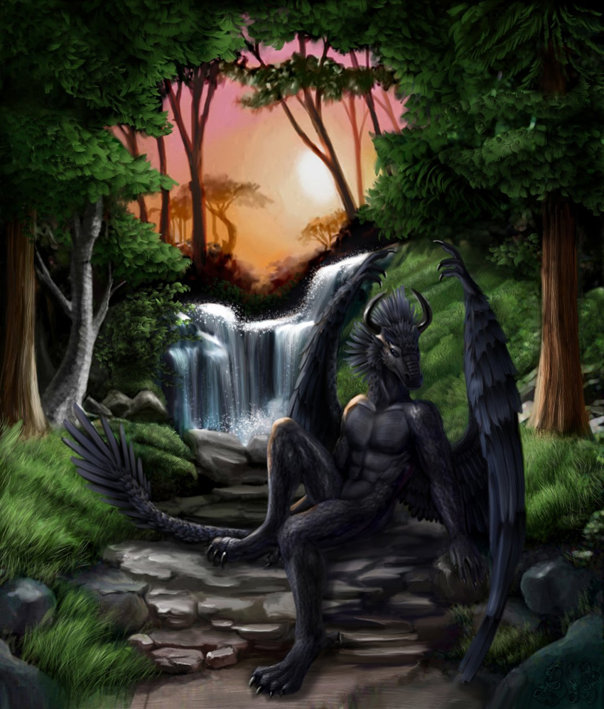 2007 2010 3_toes 4_arms 4_fingers abs amazing_background anthro black_claws black_scales claws detailed detailed_background dracos_blackwing dragon forest hi_res hill horn multi_arm multi_limb outside pecs scales silverone solo sunset toe_claws toes tree waterfall watermark winged_arms wings