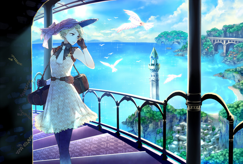 animal bird black_gloves black_legwear blonde_hair blue_eyes dove dress gloves hat kuroyuki original pantyhose short_hair solo sun_hat tower