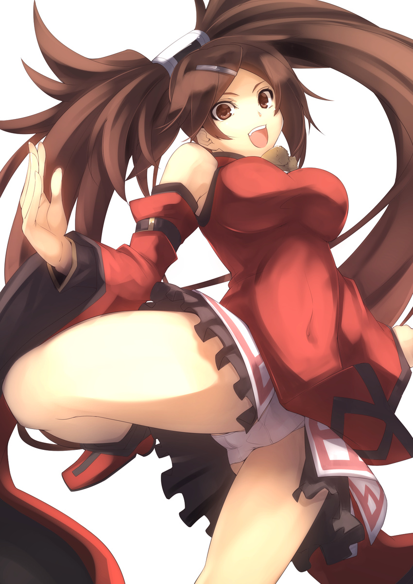 bare_shoulders blush boots breasts brown_eyes brown_hair china_dress chinese_clothes detached_sleeves dress guilty_gear guilty_gear_xrd hair_ornament hairclip highres jijii48 kuradoberi_jam large_breasts long_hair open_mouth panties skirt smile solo underwear very_long_hair